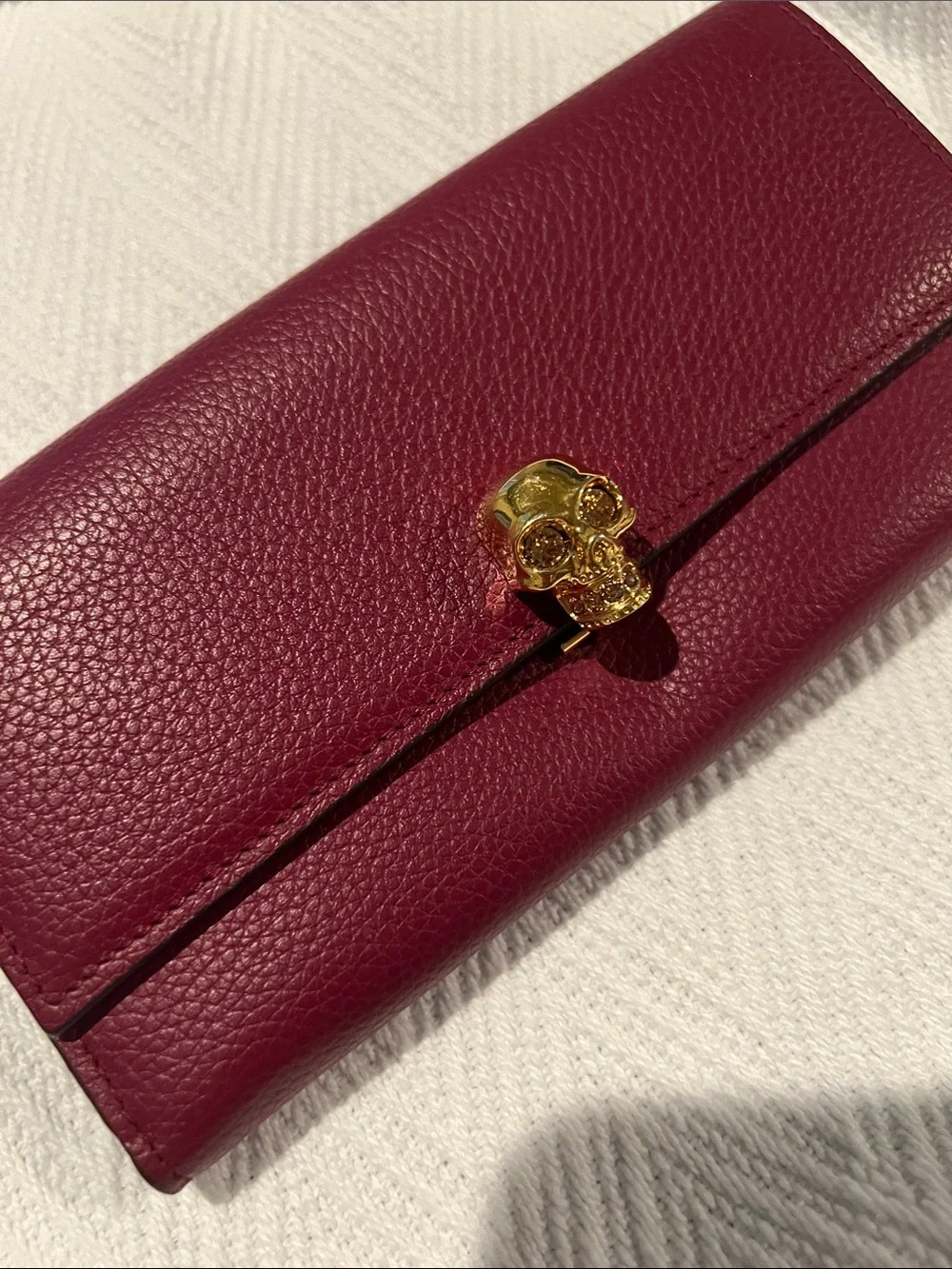 Alexander McQueen Wine Red Leather Key & Card Holder with Gold Skull